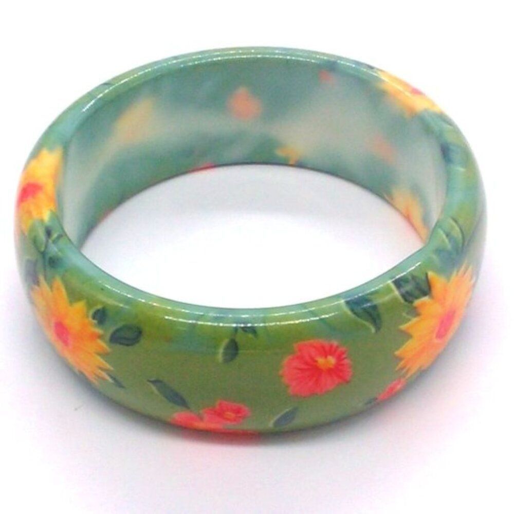 Vintage Chunky Green Orange Red Floral Bangle Bracelet 1" Wide